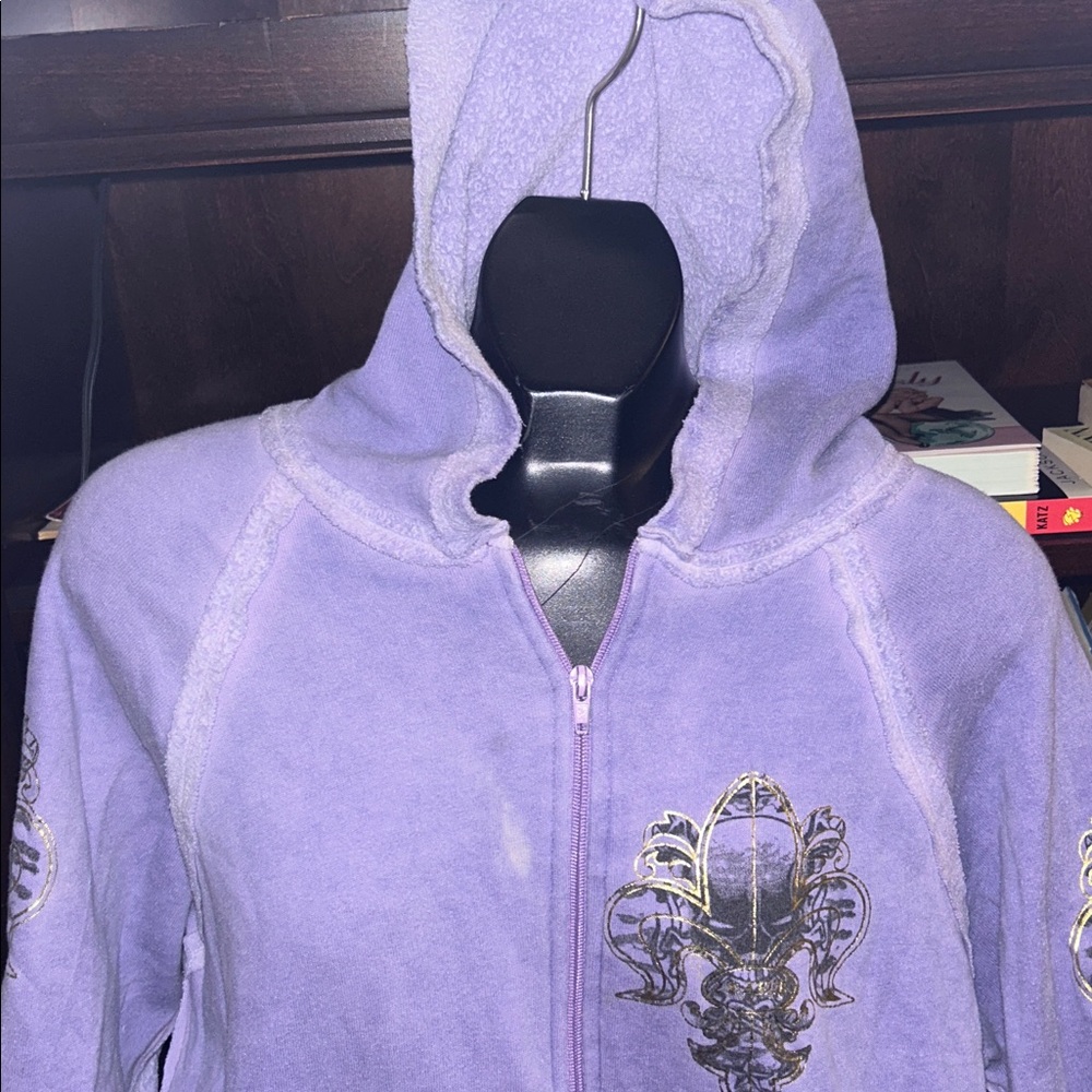 2B Free purple distressed raw hem logo hoodie jacket medium